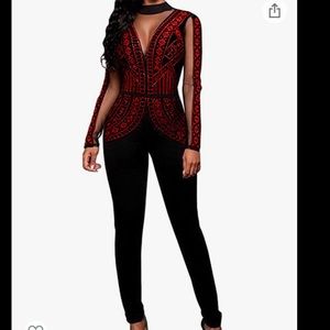 Women's Rhinestone Embellished Mesh Clubwear Jumpsuit